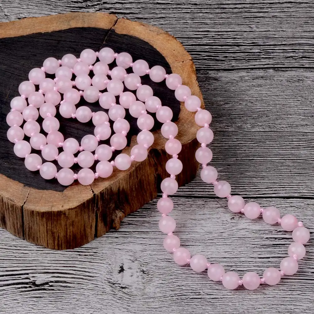 90cm Long Bohemia Natural Stone Rose Crystal Beads Knotted Necklace For