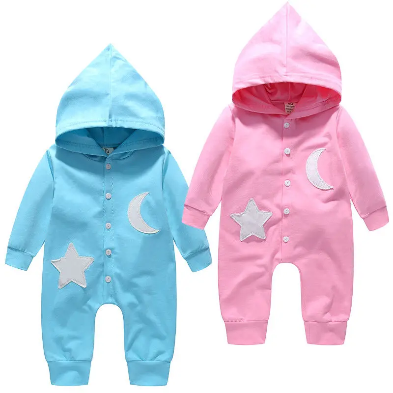 

2018 Emmababy Baby Boy Girl Newborn Hooded Romper Button Moon Star Jumpsuit Playsuit Pajamas Autumn Clothes