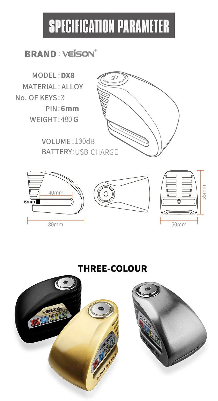 VEISON мотоцикл Водонепроницаемый USB зарядка Противоугонная 130 дБ сигнализация замок Мотокросс Велосипед Диск Предупреждение ющий замок 6 мм контактный тормозной замок