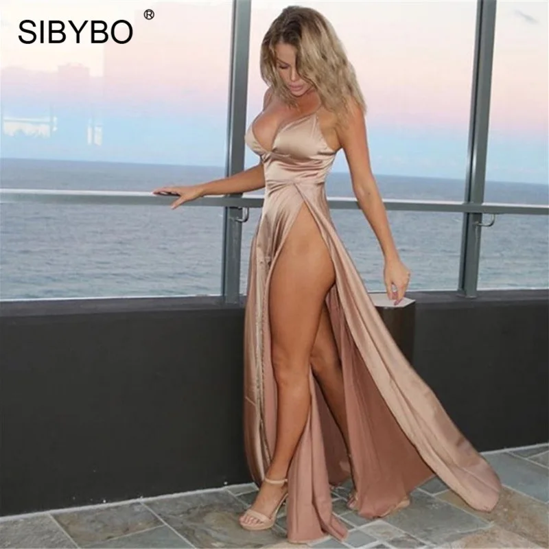Женское платье без рукавов Sibybo длинное на бретельках с треугольным вырезом