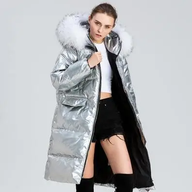 Natural Raccoon Fur Parka Winter White Duck Down Jacket Women Large Fur Collar Long Outwear New Women's Silver Down Coats - Цвет: Silver