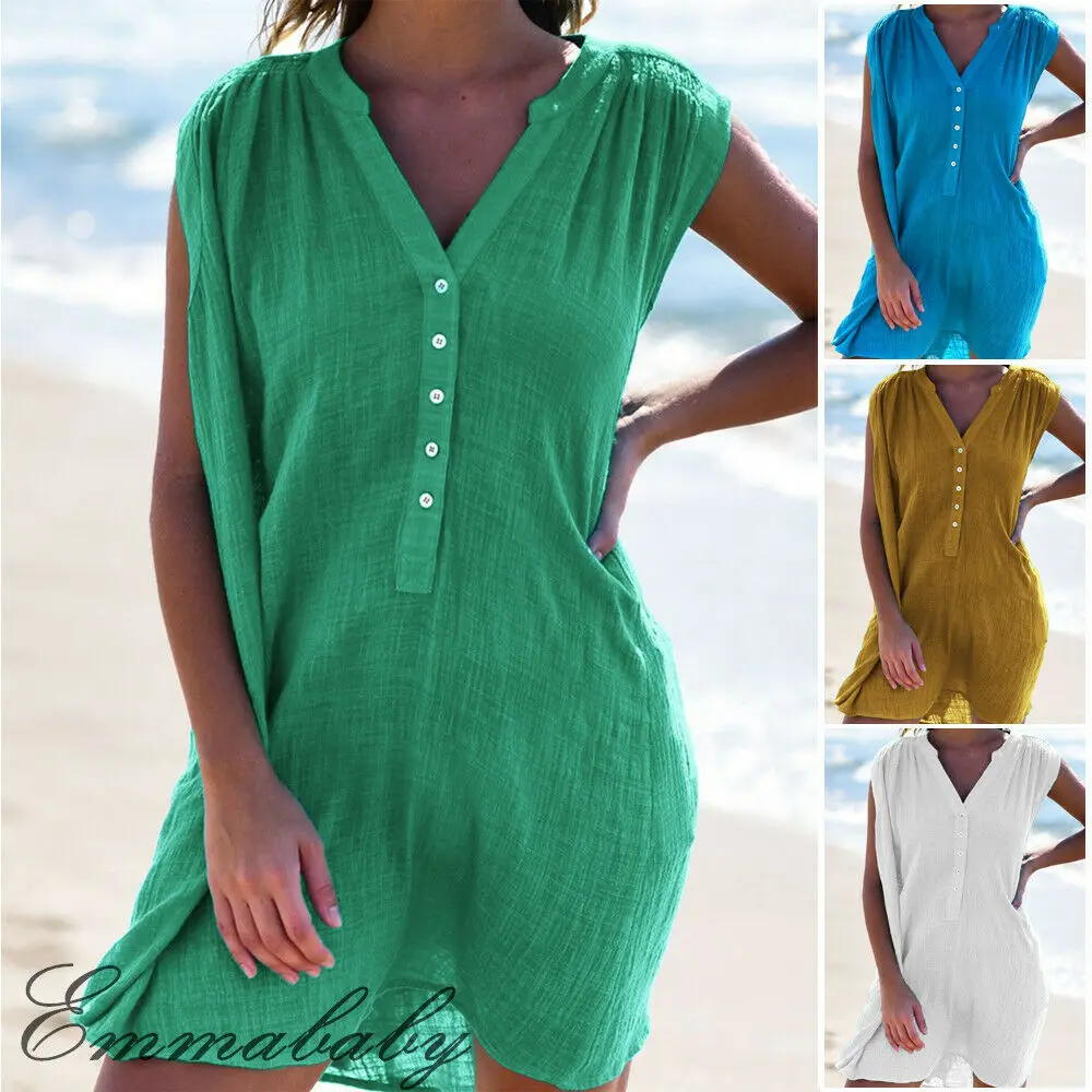 Стиль Для женщин накидки, сплошной сарафан Boho Однотонная одежда летние выходные пляж без рукавов Свободные мини кнопка модные