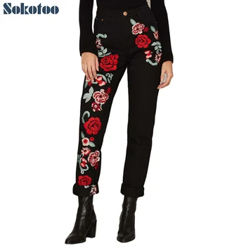 

Sokotoo Women's red flower embroidered black jeans 3D colored rose embroidery loose straight denim pants