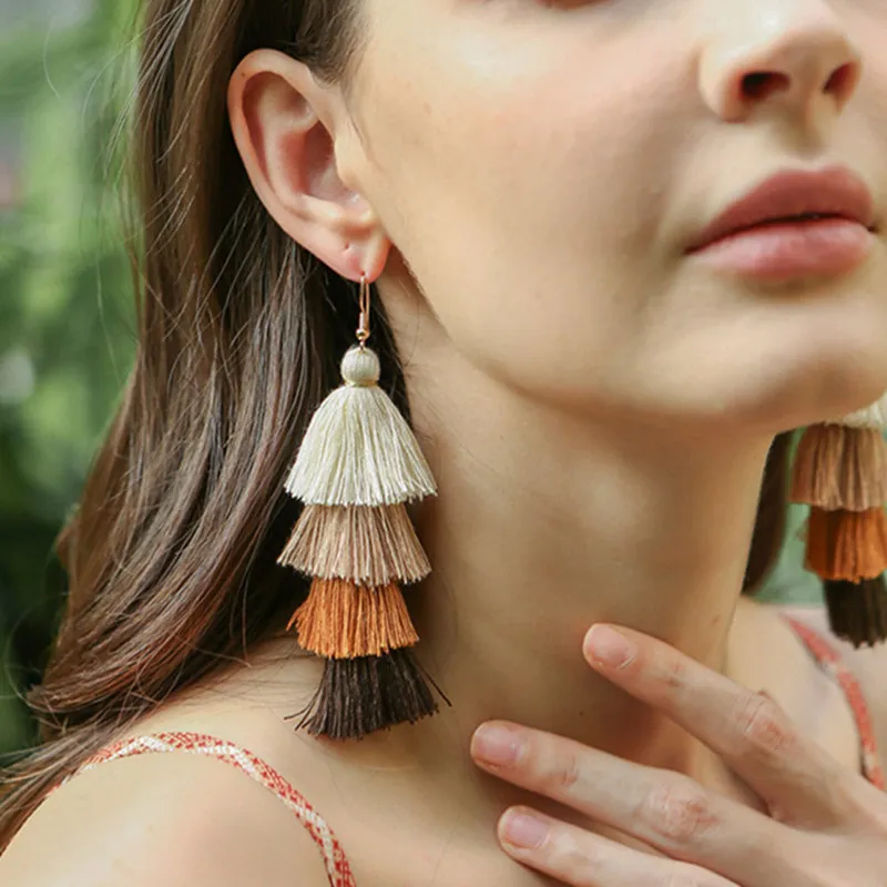 Hot Bohemian Fringe Long Gradient Multilayer Drop Earrings Women Fashion Jewelry Dangle Silk Fabric Ethnic tassel earrings Hot Bohemian Fringe Long Gradient Multilayer Drop Earrings Women Fashion Jewelry Dangle Silk Fabric Ethnic tassel earrings