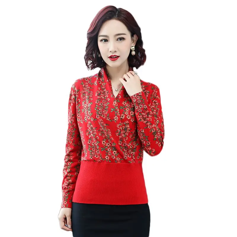 

2019 New Autumn Winter Female Cashmere Sweater Print Jumper Mother Clothing Middle-Aged Women Pullover Short Wool Sweater A207