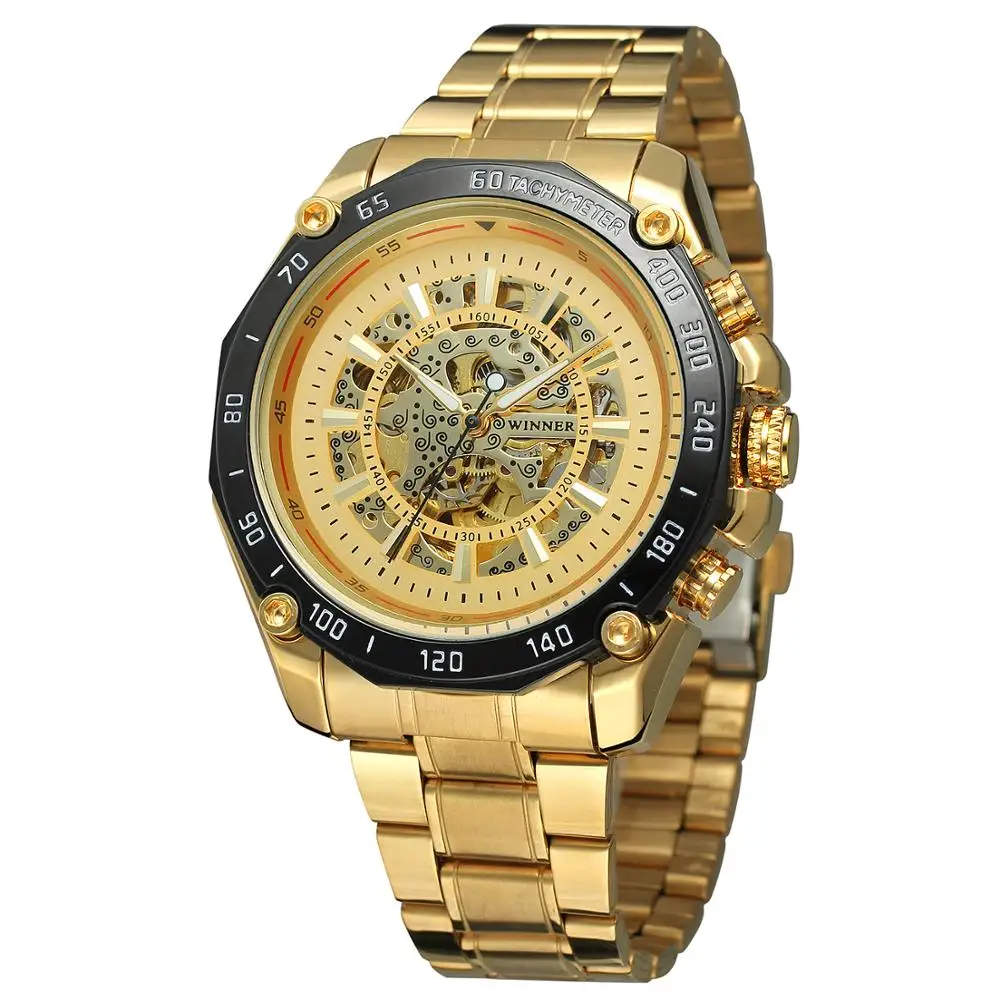 

Forsining Fashion trend luxury gold hollow creative three pointer steel belt automatic mechanical men's wrist watch