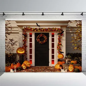 

Background for Photo Studio Fall Porch Door Pumpkin Halloween Backdrop Photocall Photo Wall Printed Newborn Photo Background