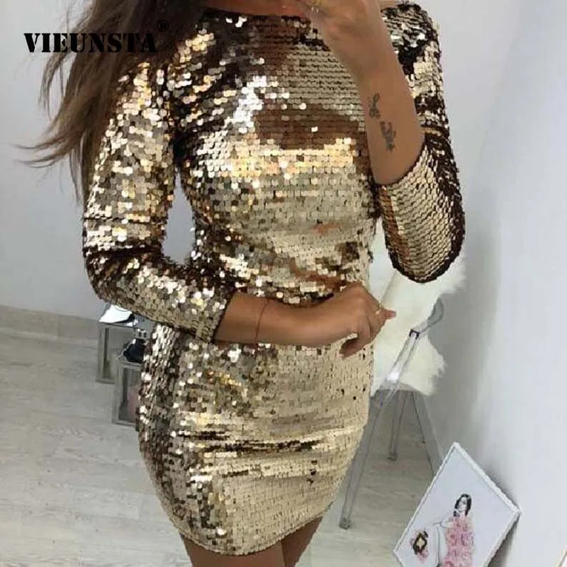 

VIEUNSTA New Fashion Sequins Sexy Dress Women O-Neck Long Sleeve Mini Bodycon Dress Spring Back Zippers Shiny Party Dress Female