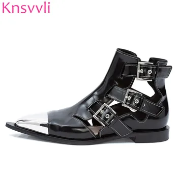 

Knsvvli New Metal Pointed Toe Punk Boots Woman Rivets Cou Outs Summer Short Boots Black Buckle Strap Flat Ankle Boots For Women
