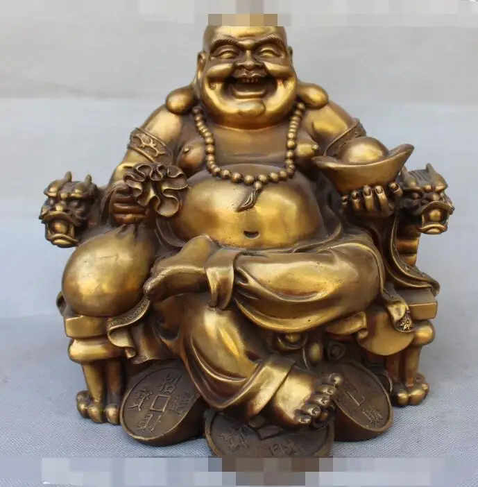 

S01119 Chinese Bronze Seat Dragon Chair Happy Laugh Smile Maitreya Buddha Wealth Statue (B0328)