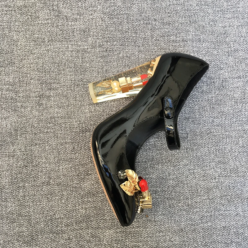 Г., женские туфли из высококачественной лакированной кожи в винтажном стиле Лолита, черные свадебные туфли на высоком каблуке с украшением в виде помады и цветов, украшенные стразами