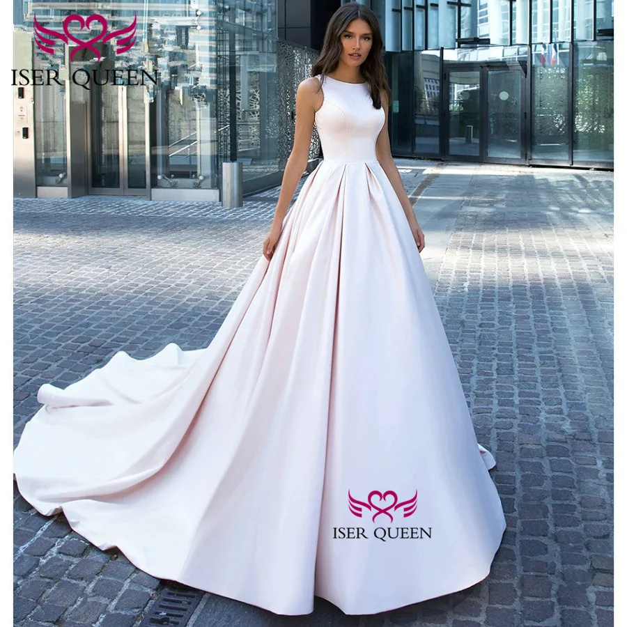 Бисероплетение Кристалл сзади дизайн иллюзии блестящее атласное свадебное платье с рюшами Элегантный Простой Vestido De Novia Princesa w0553