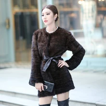 Autumn Winter Women’s Genuine Natural Real Knitted Mink Fur Coats Lady Warm Outerwear Adjustable Belt VF0109