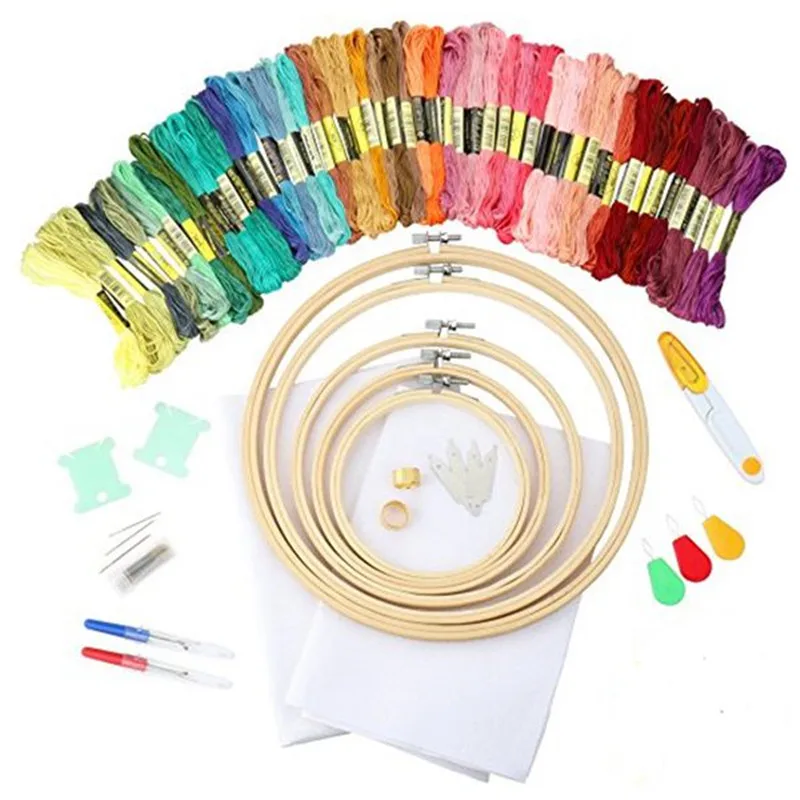 

Full Set of Embroidery Starter Kit Cross Tool Kit Including 5 Bamboo Embroidery Hoop, 50 Vivid Color Threads, 12 by 18-Inch 14