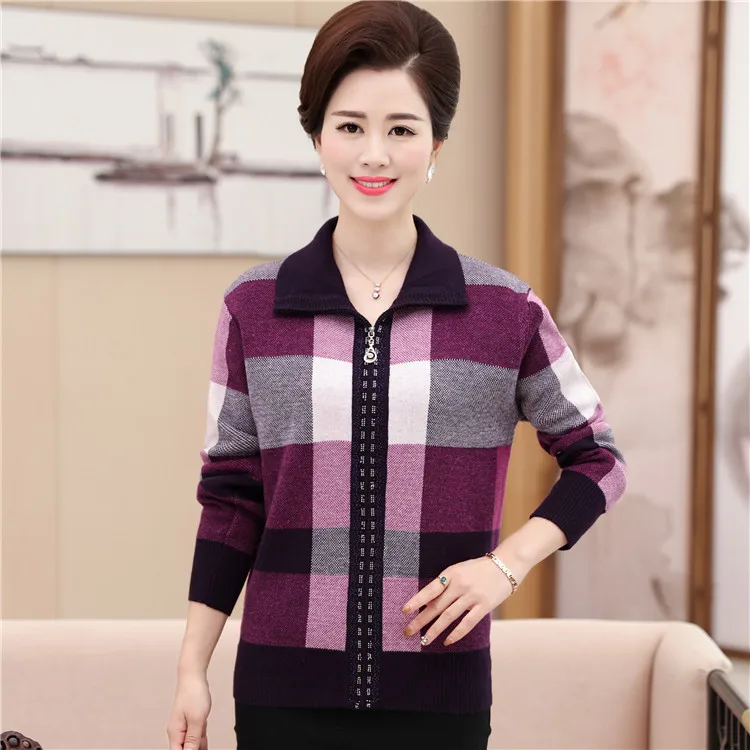 Womens Casual Turn Down Cashmere Cardigan Autumn Winter Plaid Plus Size Zipper Women Sweater Coats