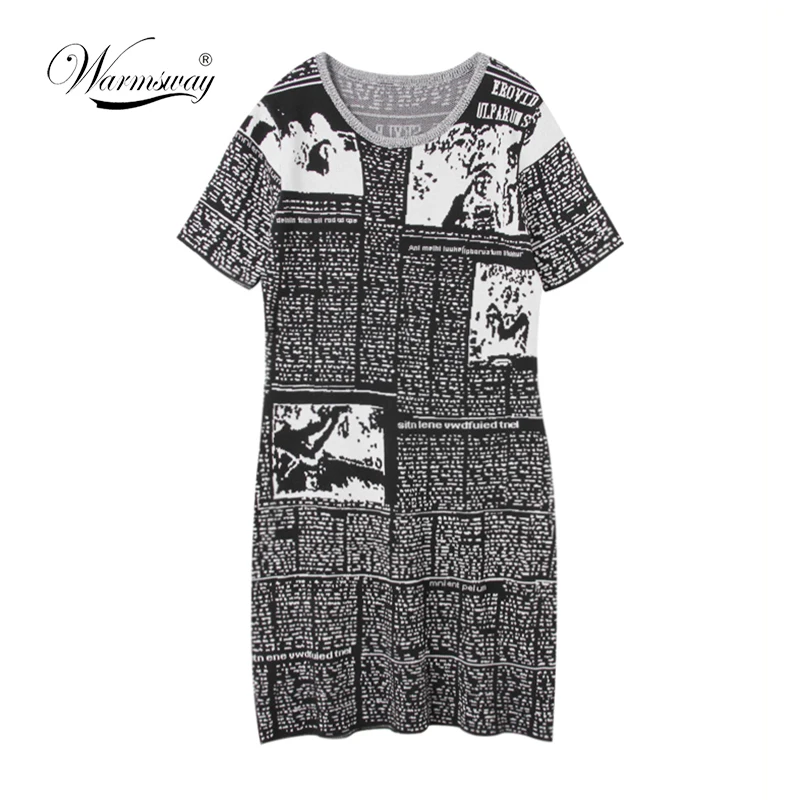 New Summer 2018 fashion Retro Newspaper Intarsia Sweater crew neck Short Sleeve slim fitted Chic knit Dress for women C-212