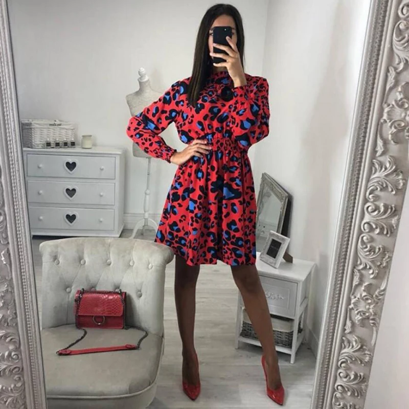

2019 Fashion Leopard Elastic Waist Vintage Dress Short A-line Style Women Long Sleeve Dots Print Chiffon Dress Slim Best Selling
