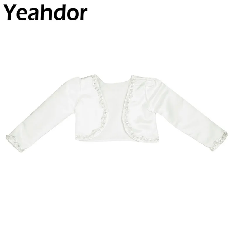 

Adorable Girls Satin White Kids Girls Long Sleeves Beaded Bolero Jacket Shrug Short Cardigan Dress Wedding Pageant Wrap Jacket