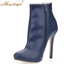 Модные темно-синие из искусственной кожи женская обувь с острым носком Женские ботильоны обувь на высоком каблуке, плюс Размеры 5-14 Для женщин зимние сапоги Размер 4-16