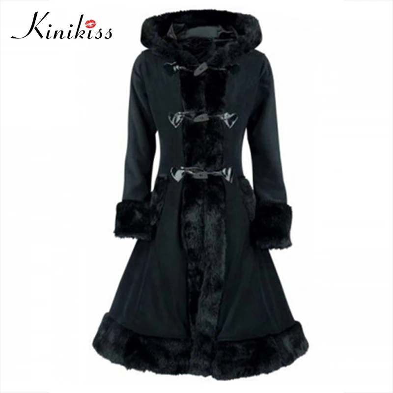 

Kinikiss Vintage Coat Trench Black Fur Women Winter Overcoat Hooded Button Slim Trench Retro Outwear Tops Autumn Thick Coats