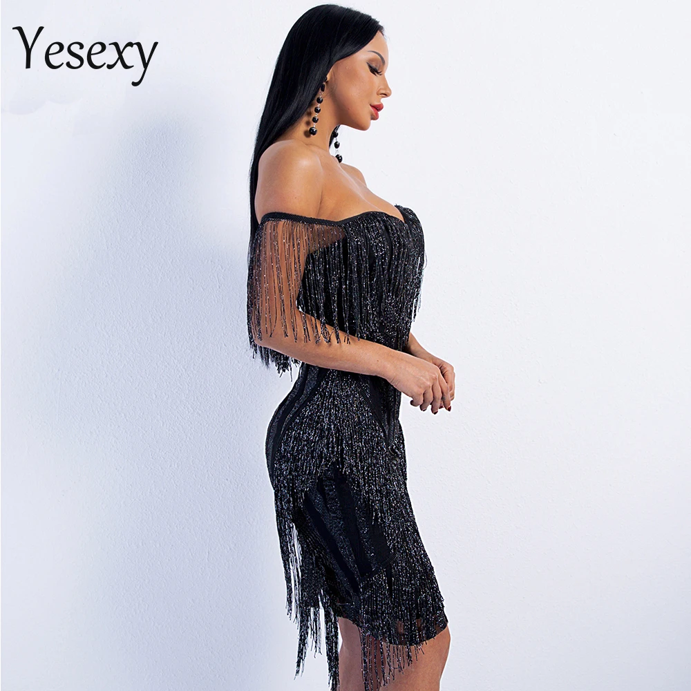 Yesexy Для женщин пикантные сапоги с бахромой вечерние элегантное платье с низким вырезом на спине платье с открытыми плечами, в полоску, с блестками женское платье с вырезом лодочкой VR8781