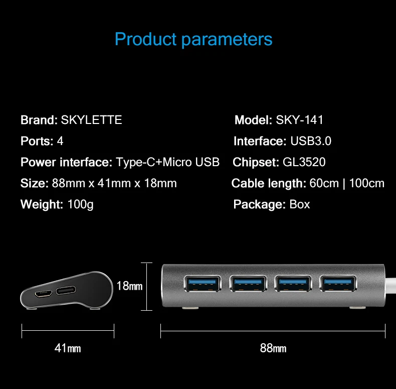 4-портовый Алюминий сплава USB 3,0 концентратор 5 Гбит/с супер Скорость 0,6 м/1 м usb-хаб Тип-C Micro Зарядка через usb разветвитель для настольного компьютера ноутбука