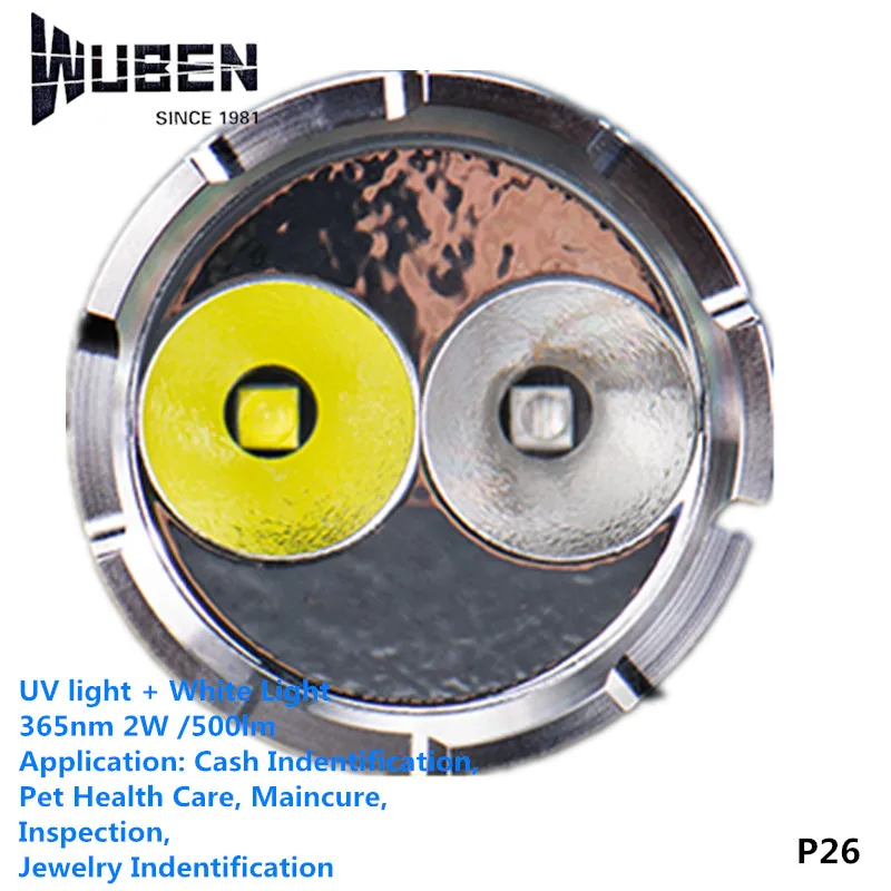 

Wuben P26 365 nm 2W UV Flashlight Identification Inspection Health Care 18650 AAA Dual Switch Ultra Violet Cree LED Torch Light