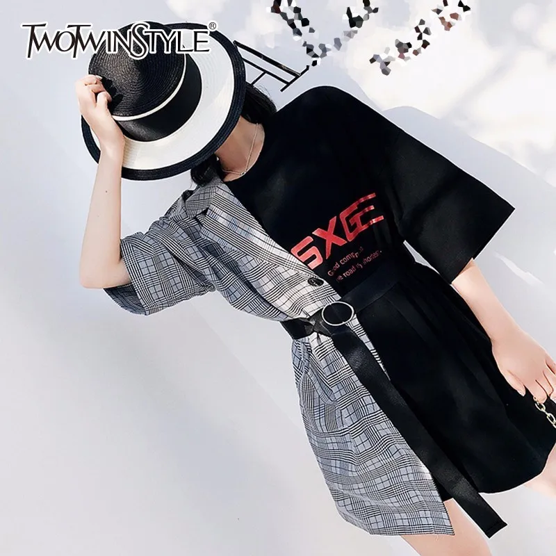 

TWOTWINSTYLE Patchwork Mini Dress Female Plaid Letter Sashes High Waist Irregular Dresses 2019 Summer Fashion Sexy Clothing