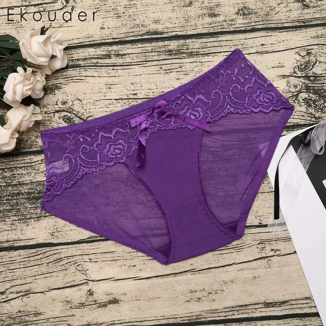 Ekouaer Ultra thin Panties Bow Low Rise Transparent Panties Women Sexy