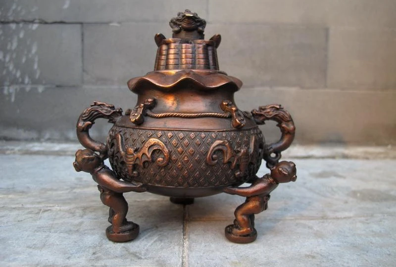 

Chinese Buddhism Bronze Dragon Toad Three Boy Bat Incense burner Censer a5.19