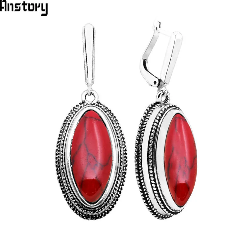 

5 Colors rhombus Synthetic Turquoises Earrings For Women Vintage Antique Silver Plated Fashion Jewelry TE396