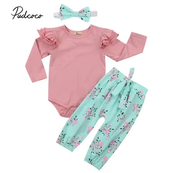 

Newborn Baby Girls Infant Floral Outfits Clothes Kids Cotton Ruffles Romper Tops+Bowknot Long Pants 3Pcs Clothing Sets Sunsuit