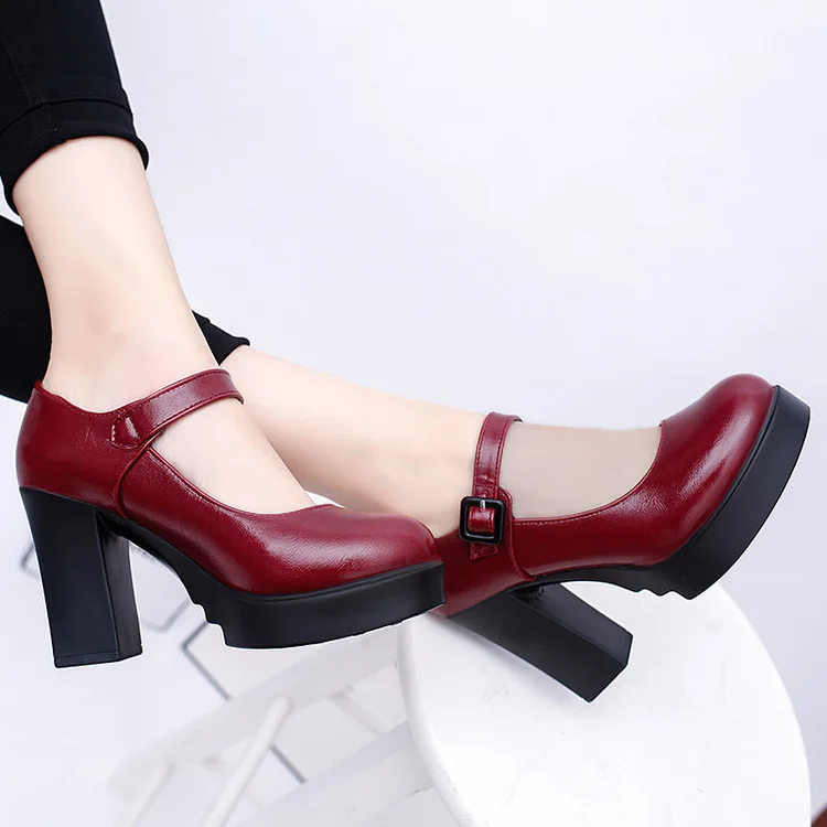 

2019 spring and autumn work shoes thick with waterproof platform high heels shallow mouth polyurethane single shoes word buckle