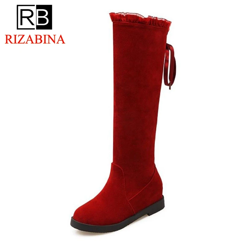 

RIZABINA Fashion Women Wedges Boots Lace Up Ruffle Warm Shoes Women Winter Fur Knee High Boots Office Lady Shoes Size 34-43