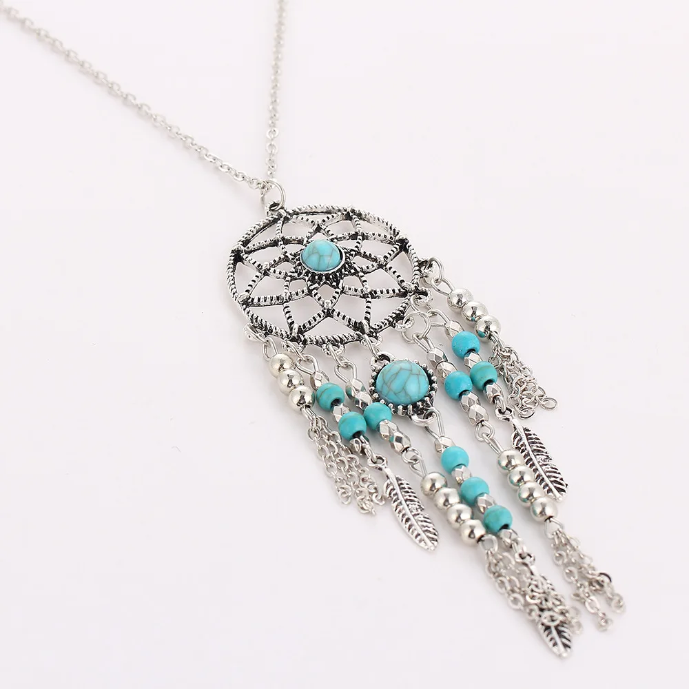 

Women Bohemia Tassels Feather Pendant Dreamcatcher Necklace Jewelry Dream Catcher Blue Beads Silver Long Sweater Chain
