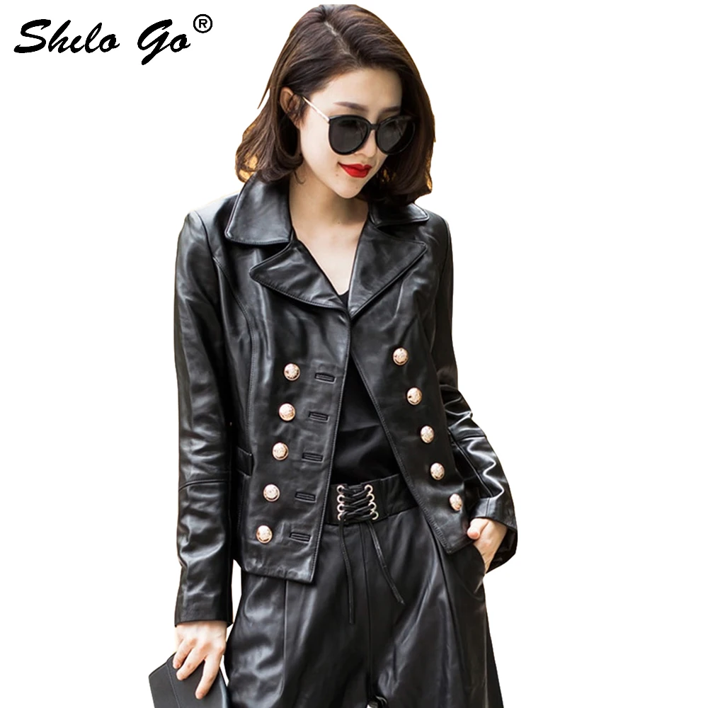 

SHILO GO Leather Jacket Womens Summer Fashion sheepskin genuine leather coat lapel collar double breasted England jacket