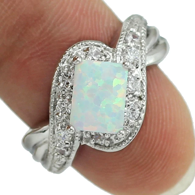 Wholesale Retail Four Claw Inlay 5 x8MM Princess White Fire Opal AAA CZ Rings Si Wholesale Retail Four Claw Inlay 5 x8MM Princess White Fire Opal AAA CZ Rings Si