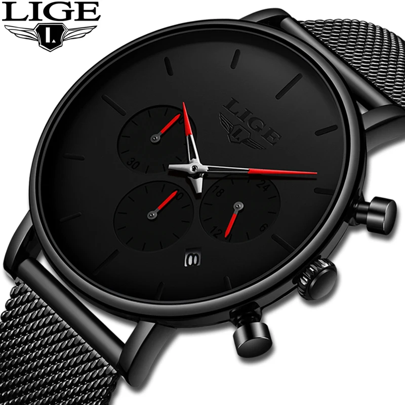 Relojes LIGE мужские часы из сетчатой стали, модные брендовые Роскошные спортивные ультра-тонкие кварцевые часы, мужские повседневные водонепроницаемые часы с датой