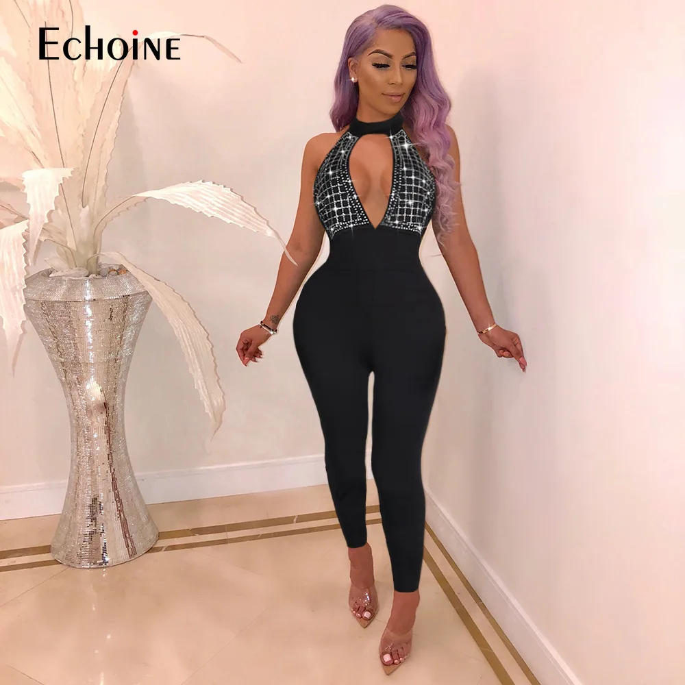 2019 Summer Woman Sleeveless Jumpsuit Slim Bodycon Sexy Playsuit Romper Hollow Out Club Outfit Backless rave festival clothing