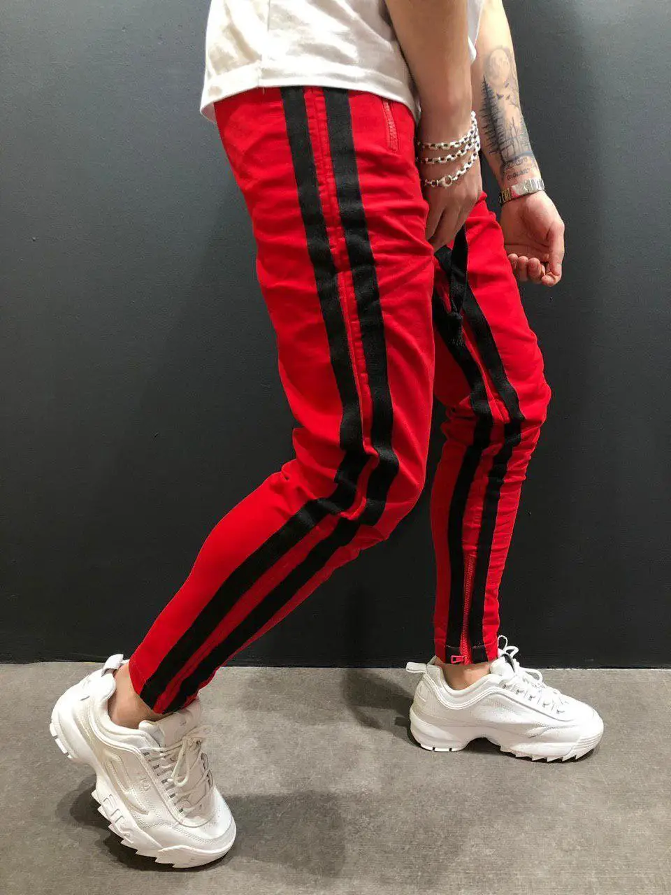 Популярные мужские спортивные штаны с боковой полосой, спортивные штаны в стиле хип-хоп, уличная одежда, обтягивающие спортивные штаны для бега, мужские повседневные брюки с эластичной резинкой на талии, 3XL - Цвет: red black