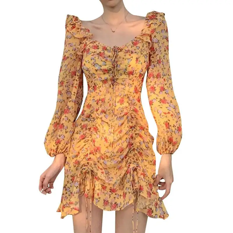 

2019 Vintage Floral Print Dresses Spring Autumn New Drawstring Chiffon Mini Dress Women Ruffle Chic Sweet Party Vestidos D273