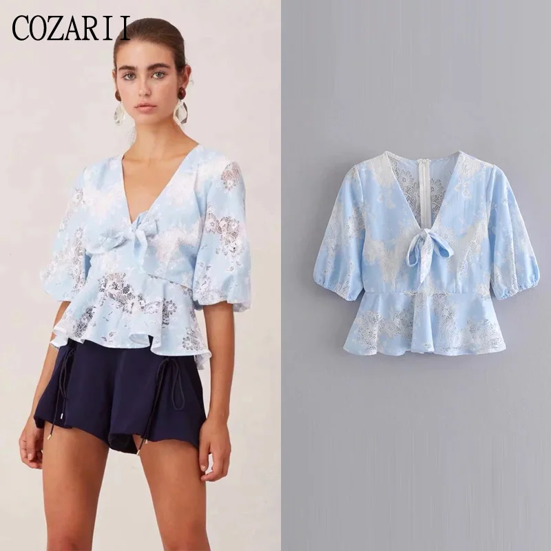 

COZARII blusas mujer de moda 2019 summer women casual style lace V-Neck half sleeve kimono blouse womens tops and blouses