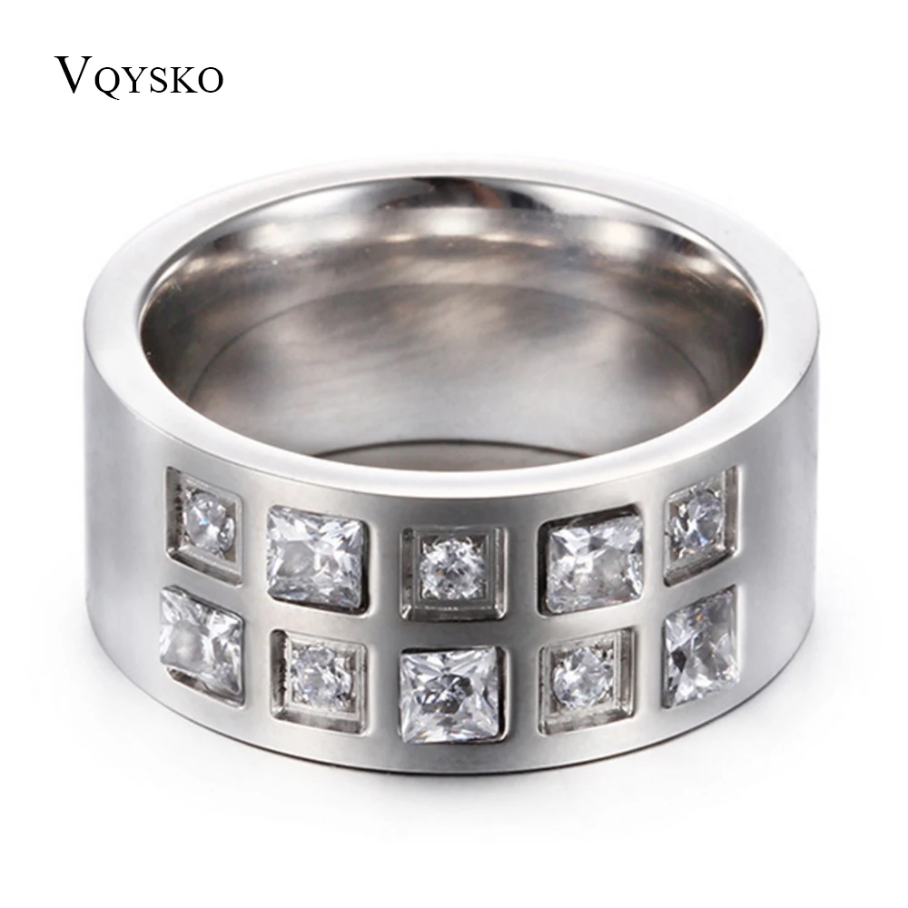 Women Wedding Band 10mm Polished Stainless Steel Ring With Zircon Stones 