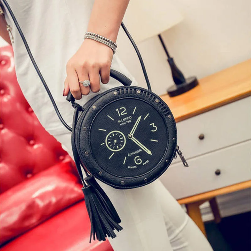 New Women Tassel Clock Shoulder Bag INS Popular Fashion Female Circle Handbag Mini Travel Lady Rivet PU Handle Crossbody SS3483 (9)