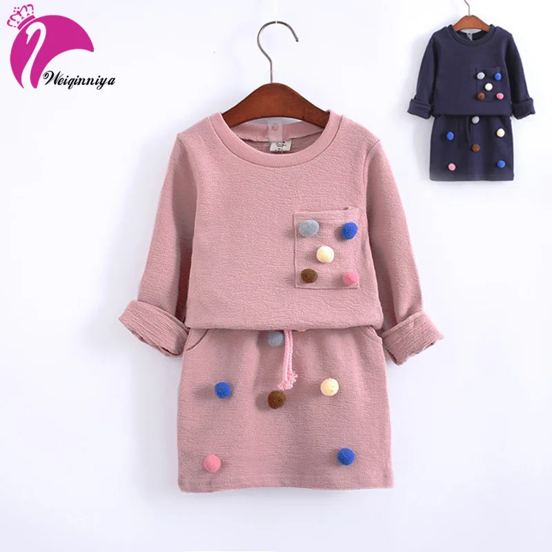 

Girls Clothing Set 2018 Spring New Long-sleeved Sweater + Skirt Suit Children's Clothing Fur Ball Clothes For Girls