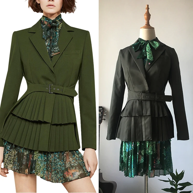 Unique Designing High Street Women Fall Fit Dress Suits Pleated Blazer Floral Printing Dress Runway Slim Twin Sets Outfits