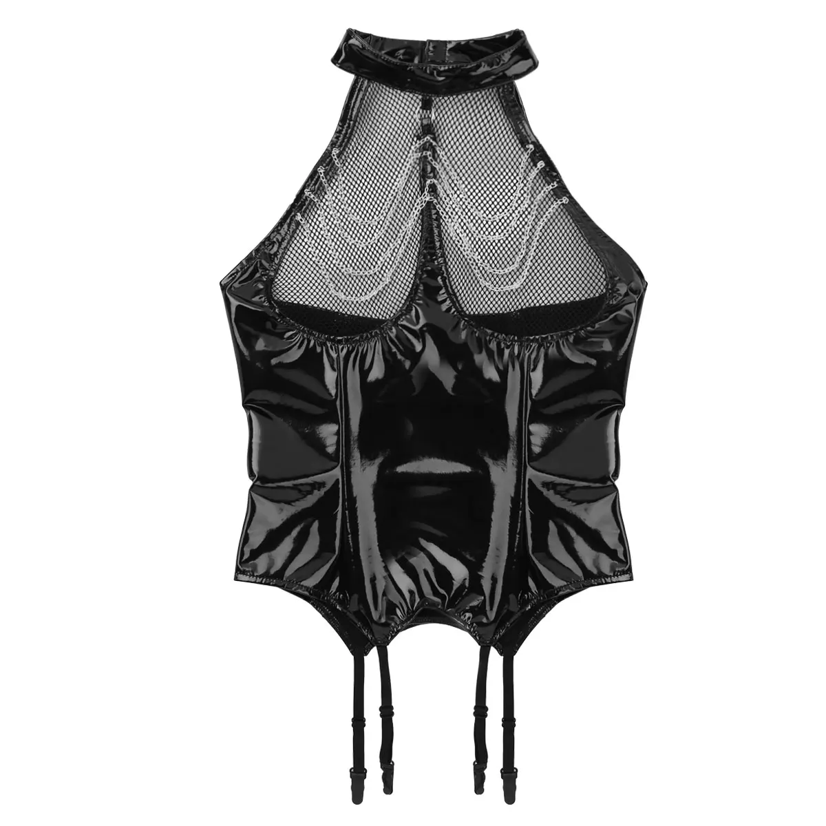 Сексуальная Женская одежда из лакированной кожи с эффектом мокрого вида, с бретельками на шее, с открытой спиной, в сеточку, бюстье, корсет, топ с подтяжками, Карнавальная Ночная Клубная одежда - Цвет: Black