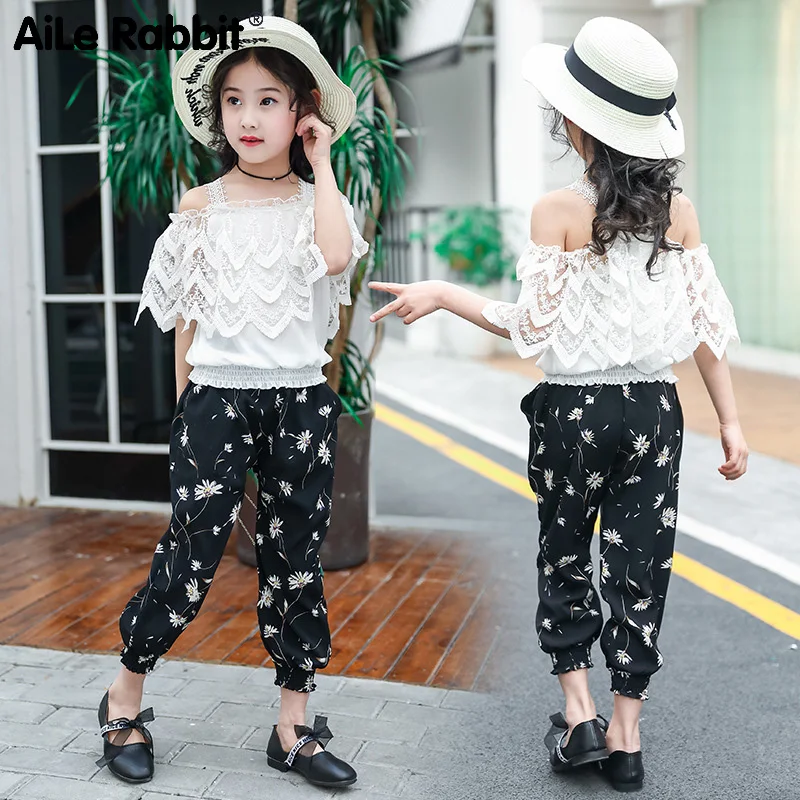 

AiLe Rabbit 2019 Summer Girls Chiffon Set 2 Piece Sling Top Korean Lace Princess Floral Pants Suits Elegant Style for Big Girl