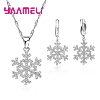 

New Arrvial Fashion Jewelry Set Silver Snowflower Pendant Necklace Earrings Wholesale Shiny Cubic Zircon Crystal