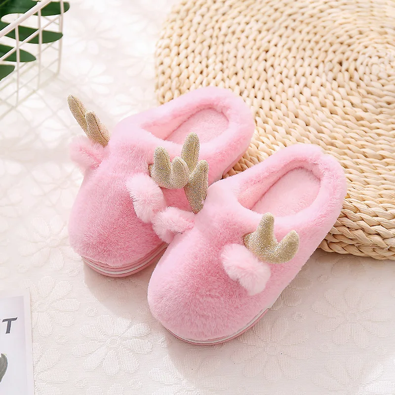 Christmas Slippers Baby Toddler Shoes Child Slippers Kids Winter Warm Girls Flip Flops Boys Elk Animal Cotton Home Shoes Antlers